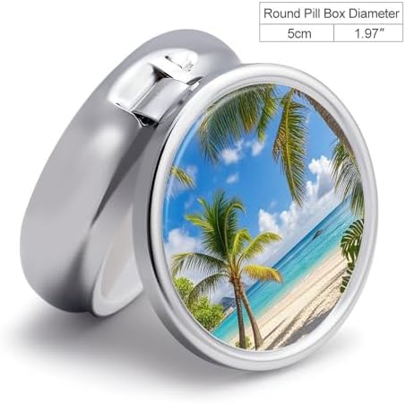 Tropical Palm Tree Hawaii Beach Round Pill Box Cute Small Fish Oil Cases Portable 3 Compartment Pill Boxes Round Pill Case with Mirror for Vitamins Medication Supplements Gift