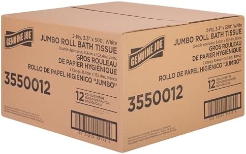 Genuine Joe Jumbo Roll Bath Tissue, 2-Ply, 3.3" x 500', White, 12 Count