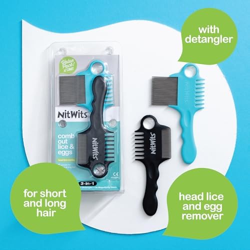 NitWits Head Lice & Egg Comb 2 Pack, 3-in-1 Lice Comb, Detangles, Removes Lice & Eggs and Includes 5x Magnifying Glass