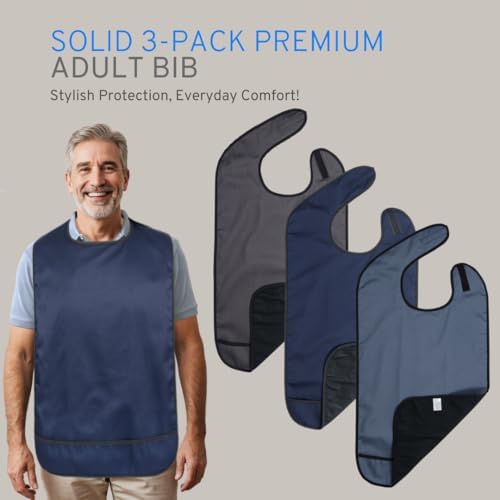 Modaliv Solid 3 Pack Premium Bib for Adults Reusable Clothing Protector for Women and Men - Waterproof Adult Bibs for Eating - Crumb Catcher Gift for Men - Machine Washable Bib Gift for Women