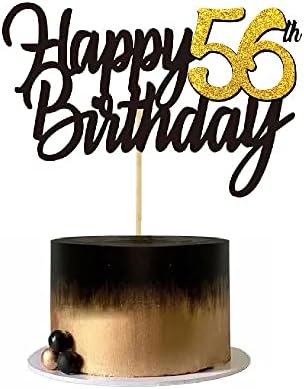 Happy 56th Birthday Cake Toppers Glitter 56th Anniversary Cake Topper 56 Years Loved Bday Decorations 56 Gold Birthday Cake Decorations Fifty-six Party Supplies for Women Men(Black Gold)