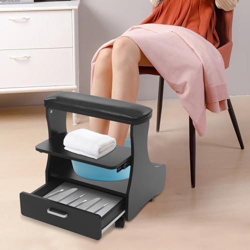 Pedicure Foot Rest, Manicure Foot Rest w/Wheels, Home Beauty Footrest Pedicure Foot Bath Stool, Portable Foot Bath Spa Cart Nail Foot Rest Stand Foot Massage Station Footrest Salon Supplies (Black1)