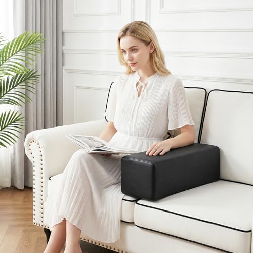 2 Pack Couch Arm Rest Pillow, 8''x8''x20'' Faux Leather Waterproof Cover, High Density Foam Armrest Cushion, Removable & Washable Elbow Support for Sofa, Bed, and Armchair (Black)
