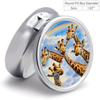 Giraffe Rainbow Pattern Pill Box, Small Pill Organizer with 3 Compartments and Mirror, Fun Round Portable Travel Metal Pill Case