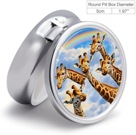 Giraffe Rainbow Pattern Pill Box, Small Pill Organizer with 3 Compartments and Mirror, Fun Round Portable Travel Metal Pill Case