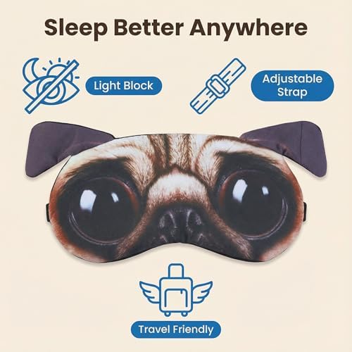 Soft Sleep Mask with Pug Dog Face Print, Adjustable Elastic Strap, Comfortable Eye Cover for Napping, Travel, Meditation, and Rest at Home or on Flights