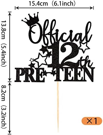 1 Pack Official Pre-teen 12 Cake Topper Glitter Happy 12th Birthday Cake Pick Cheers to 12 Years Old Cake Decorations for Teen 12th Birthday Party Supplies Black