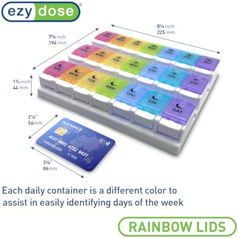 EZY DOSE Weekly (7-Day) Pill Case, Daily Medicine Planner, Vitamin Organizer Container, Large Push Button Compartments, Easy to Use, 3 Times a Day, Spring Open Design, Rainbow Lids, BPA Free