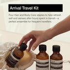 Aesop Arrival Travel Set (4-Piece) Hair & Body Care Kit – Shampoo, Conditioner, Geranium Leaf Body Cleanser & Rind Concentrate Body Balm – 1.7oz/50mL Each – Gift Set with Reusable Canvas Bag