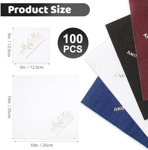 Wedding Napkins Disposable 100 PCS, Gold Foil Mr and Mrs Paper Cocktail Napkins for Wedding Dinner Party, 3-Ply, White