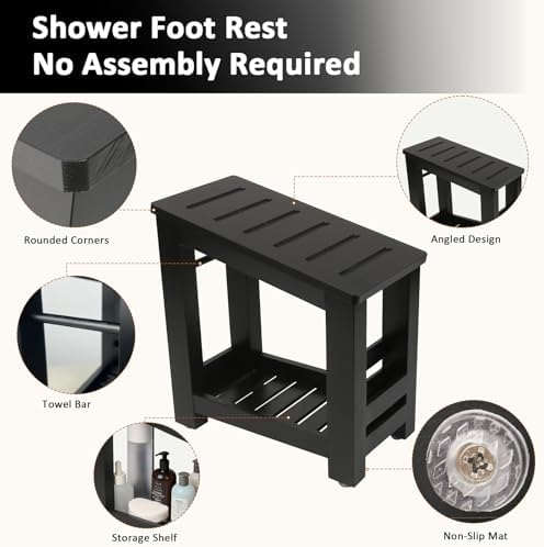 Bamboo Shower Foot Rest Stool for Shaving Legs & Pedicure, Non-Slip Bathroom Foot Step with Storage Pocket, Solid & Water-Resistant,Natural (Black)