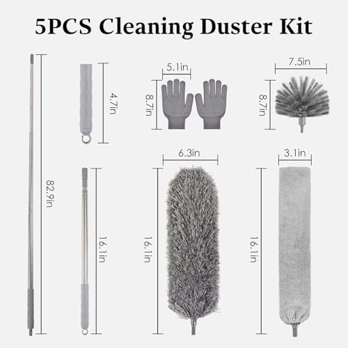 Cobweb Duster with Extension Pole, Washable Cleaning Microfiber Feather Duster 5-in-1 Kit with 3 Duster Heads, 100'' Bendable Extendable Long Duster for High Ceilings, Fans, Blinds, Furniture & Car
