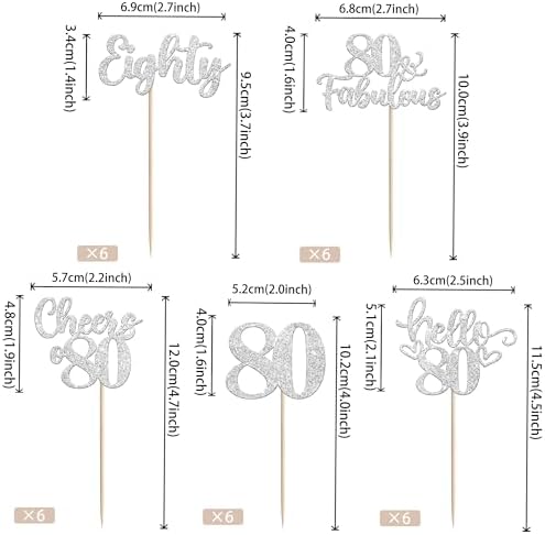 30 PCS Happy 80th Birthday Cupcake Toppers Glitter Eighty Hello 80 Cheers to 80 Fabulous Cupcake Picks for Happy 80th Birthday Anniversary Party Cake Decorations Supplies Silver