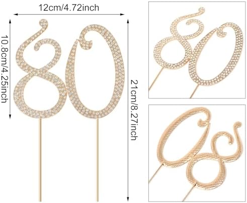 Honbay 80 Birthday Cake Topper Sparkling Bling Alloy Crystal Rhinestones Cake Topper Cake Decoration for 80th Birthday or Anniversary Party (Gold)
