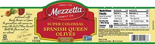 Mezzetta Pimiento Stuffed Spanish Queen Green Olives - Garnish for Martinis - Super Colossal Fruits - Firm Texture, Slightly Salty Flavor - Ideal for Snacks & Cheese Platters - 10 Oz Jar - Pack of 6