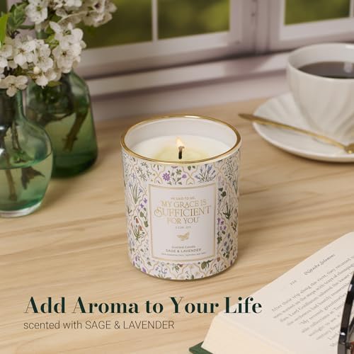 Christian Art Gifts Grace is Sufficient Scented Candle: Soy Wax, Pure Essential Oils, Sage & Lavender Scent, Bible Verse, Floral Design Glass Jar, Encouragement Gift for Women, 40 Hours Burn Time