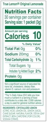 True Lemon Original Lemonade 30ct (Pack of 1) - Drink Mix - No Artificial Sweeteners, Low Calorie - Powdered Drink Mixes & Flavors - Water Flavor Packets & Water Enhancer with Stevia