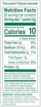 True Lemon Original Lemonade 30ct (Pack of 1) - Drink Mix - No Artificial Sweeteners, Low Calorie - Powdered Drink Mixes & Flavors - Water Flavor Packets & Water Enhancer with Stevia