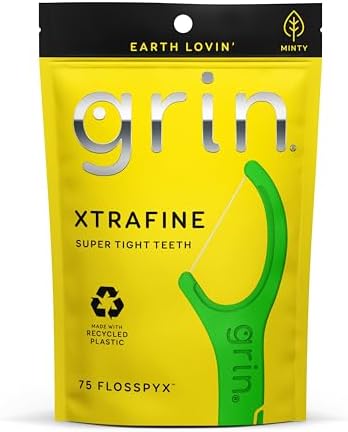 GRIN XtraFine Flosspyx, Floss Picks, 75 Count, Dental Flossers, Minty Flavor, Recycled Plastic, for Super Tight Teeth, Longer Floss Head, Slide Between Teeth, Includes Safe Soft Fold-Back Tooth Pick