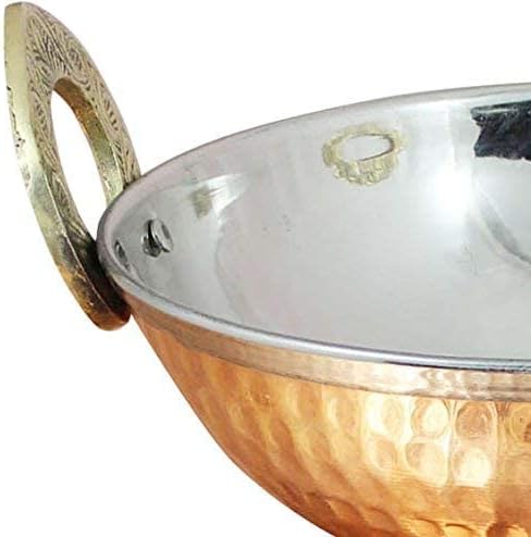® Set of 4, Pure Copper, Stainless Steel Bowls with Solid Brass Handle Serveware Accessories Karahi Pan for Indian Food,Diameter- 6.9 Inches, Silver