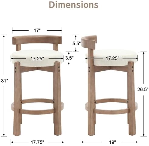 Ya-Home Mid-Century Bar Stools Set of 2, 26.5 Inch Linen Counter Height Upholstered Barstools Bar Chairs with Solid Wooden Legs for Kitchen Island Dining Room, Beige