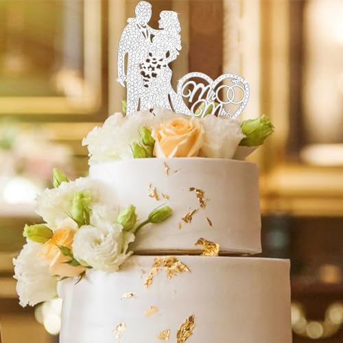 Jaciya Wedding Cake Topper Rhinestone Mr and Mrs Cake Topper Bride and Groom Bridal Shower Party Metal Silver Wedding Decorations Supplies