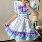 Women Dress Cute Japanese Cosplay Bow Tie Ruffle Fancy Sweet Maid Lolita Dressess with Socks Bustle Costume