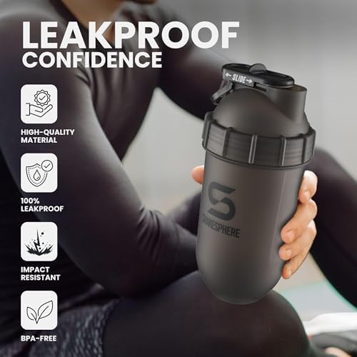 SHAKESPHERE Shaker Bottle - 24oz Leak Proof Protein Shaker Bottle for Pre Workout, Smoothie, and Powder Drink Mixes, No-Blade Mixer for Gym, BPA-Free, Easy Clean & Easy to Carry (Frosted Black)