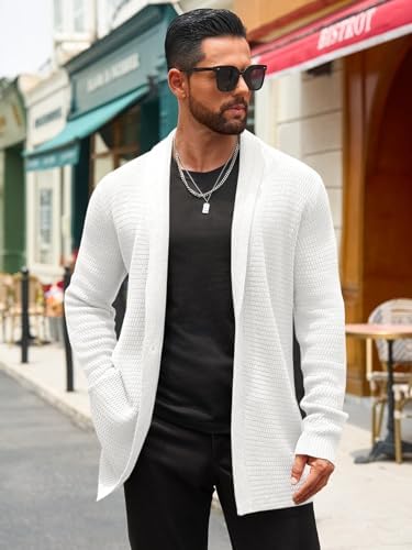 Runcati Mens Cardigan Sweater Shawl Collar Cable Knit Cardiagn Long Winter Open Front Sweaters with Pockets