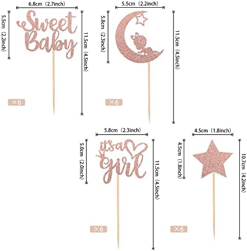 36 PCS Baby Shower Girl Cupcake Toppers with Moon Glitter Star It's a Girl Sweet Baby Gender Reveal Cupcake Picks Baby Shower Kids Girls Birthday Party Cake Decorations Supplies Rose Gold