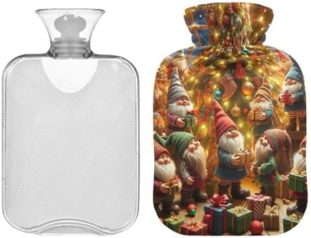 Gnomes Gathering Christmas Tree Hot Water Bottles with Soft Cover Hand Feet Warmer Hot Water Bag for Foot Bed Warmer Pain Relief, 1 Liters