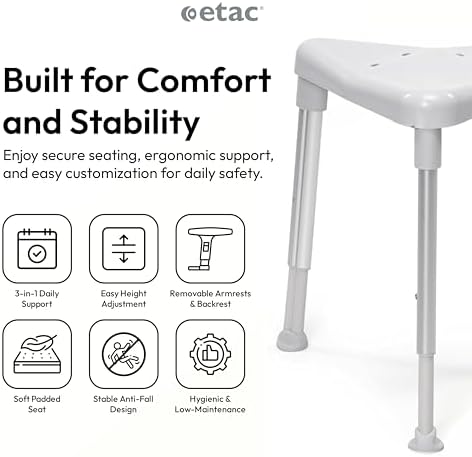 Etac Edge Triangular Shower Stool – Height Adjustable Shower Chair, Non-Slip Surface with Drainage Holes, Compact Bath Chair & Tool-Free Assembly for Stability and Comfort in Small Spaces & Bathroom