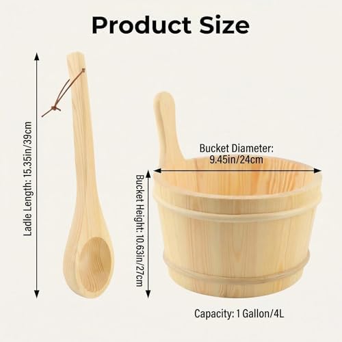 Wooden Sauna Bucket & Ladle Set, 1 Gallon (4L), Handmade Natural Pine with Rope Handle & Leakproof Liner, Sauna Accessories for Steam Rooms