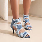 Women's Open Toe Denim High Heeled Sandals Fashion Comfortable Ankle Strap Stiletto Shoes