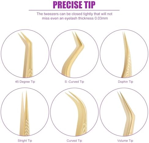 Eyelash Tweezers for Lash Extension Supplies, High Precision Lash Tweezer Set– Pack of 6 Lash Extension Tweezers Kit for Individual and Volume Eyelash Extensions