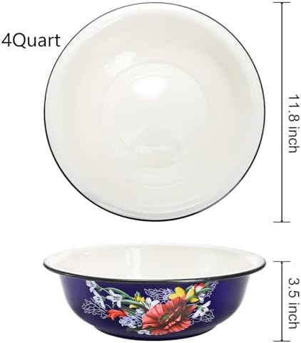 Lawei Set of 2 Enamel Bowl, 4 Quart Large Enamel Salad Serving Mixing Bowl with Black Rim, Vintage Enamelware Plate Dish for Fruit Salad Pasta Soup Dinner, Round Dough Making Bowl Washing Basin, 12in