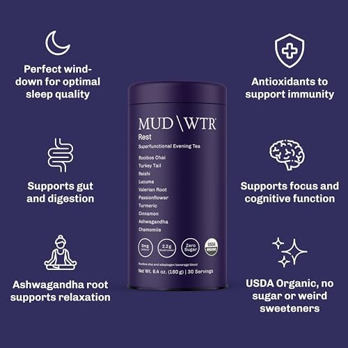 MUD\WTR Rest Evening Mushroom Blend Powder | 2,240mg Adaptogenic Mushroom Tea | Sleep Support, Wind Down & Relaxation Tea | USDA Organic & Vegan | Turkey Tail, Reishi, Ashwagandha | 30 Servings