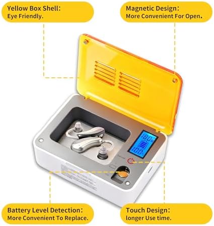 Hearing Aid Dryer Dehumidifier，Hearing Amplifiers Drying Box with 5 Cleaning Kit Removes Moisture, Sweat, and Dust from Earbuds Hearing Aids, 4 Ultraviolet Light, Battery Test. (4UV+Tools)