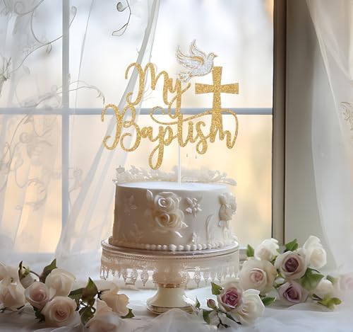 My Baptism Cake Topper, God Bless This Child, First Holy Communion, Christening Baptism Baby Shower 1st Birthday Party Decorations, Gold and Silver Glitter