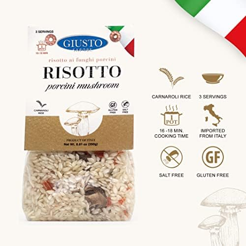 Giusto Sapore Italian Risotto - Porcini Mushroom - All Natural, Gluten Free, No Added Salt - Premium Gourmet 3-4 Serving Size, 8.81 oz - Imported from Italy and Family Owned