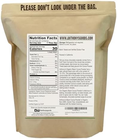 Anthony's Organic Black Cocoa Powder, 1 lb, Unsweetened, Dutch Processed, Gluten Free, Non GMO