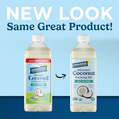 Carrington Farms Organic Liquid Coconut Cooking Oil, 32 Fl Oz –Unflavored, Unscented, High Smoke Point, MCT-Rich, No Trans Fat – For Cooking, Sautéing, Frying & Baking – Gluten Free, Non-GMO, Hexane Free, BPA Free Bottle