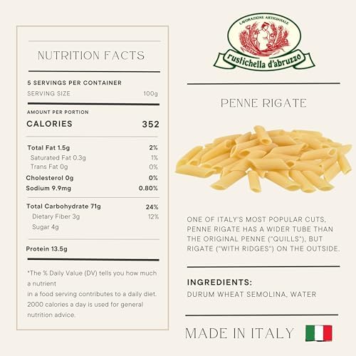 Rustichella d'Abruzzo Penne Rigate Pasta - 500g Classic Durum Wheat Short Pasta with Ridges - Ideal for Sauces - Cooks in 10-12 Minutes - Authentic Italian Pasta