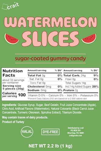 Gummy Watermelon Slices Bulk Bag Dye Free Candy, Halal Gummies Sweet and Sour Watermelon Slices 2.2 Pounds