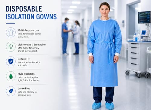 Isolation Gowns | 10-Pack | Disposable, Large, Blue SMS, Long Sleeves with Knit Cuffs, Waist & Neck Ties | Residential, Commercial, Medical, Dental, Lab, & Hospital Use