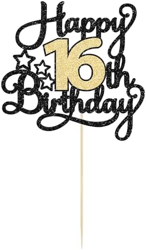 1Pc Happy 16th Birthday Cake Topper Glitter Sweet 16 Cake Topper 16 Fabulous Cake Decoration for Happy 16th Birthday Anniversary Party Cake Decorations Supplies Black Gold
