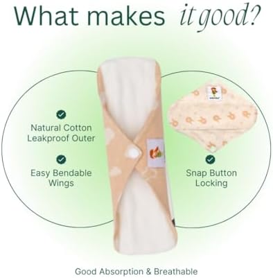 Kawaii Maxi Pads with Wings for Heavy Flow Periods, High Absorbency, Unscented Natural Cotton Breathable Reusable Women Sanitary Napkins, 6-Pack