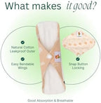 Kawaii Maxi Pads with Wings for Heavy Flow Periods, High Absorbency, Unscented Natural Cotton Breathable Reusable Women Sanitary Napkins, 6-Pack