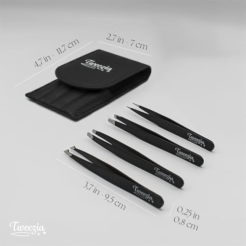TWEEZIA Stainless Steel Tweezer Set - 4 Precision Tweezers with Mirror & Leather Case - Ideal Eyebrow Kit, Ingrown Hair Tweezers, Splinter Removal Kit or Pointed Tweezers for Beauty and Personal Care