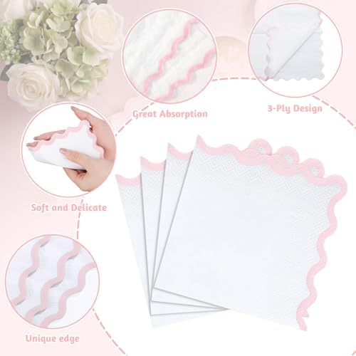 NatNarr 80 Pcs Cocktail Napkins, 3 Ply Pink Scalloped Napkins Disposable Dessert Beverage Napkin Cute Dinner Napkin for Mother's Day, Baby Bridal Shower, Birthday, 5 x 5 Inch
